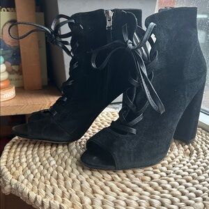 Sam Edelman Yvie Lace-Up Suede Peep Toe Booties | Black Block Heel | Size 7